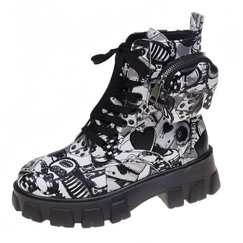 FQLGJMY Frauen Plattform Spitze-Up Kampfstiefel Runde geschlossene Zehe niedrigen Absatz Knöchel Kurze Stiefel mit Tasche Mid-Absatz Dicke Sohle Punk Motorrad Herbst Winter Stiefel von FQLGJMY