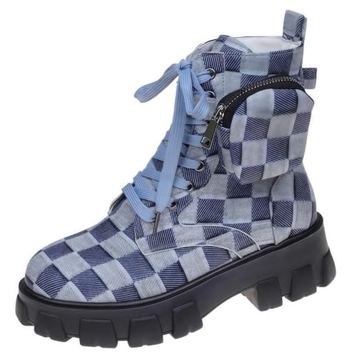 FQLGJMY Frauen Plattform Spitze-Up Kampfstiefel Runde geschlossene Zehe niedrigen Absatz Knöchel Kurze Stiefel mit Tasche Mid-Absatz Dicke Sohle Punk Motorrad Herbst Winter Stiefel von FQLGJMY