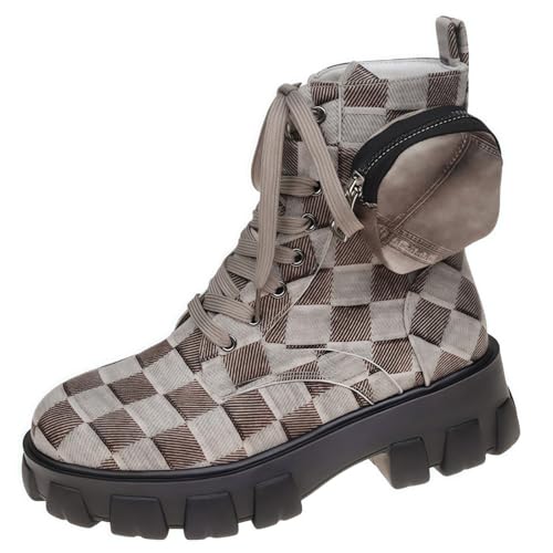 FQLGJMY Frauen Plattform Spitze-Up Kampfstiefel Runde geschlossene Zehe niedrigen Absatz Knöchel Kurze Stiefel mit Tasche Mid-Absatz Dicke Sohle Punk Motorrad Herbst Winter Stiefel von FQLGJMY