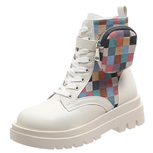 FQLGJMY Frauen Plattform Spitze-Up Kampfstiefel Runde geschlossene Zehe niedrigen Absatz Knöchel Kurze Stiefel mit Tasche Mid-Absatz Dicke Sohle Punk Motorrad Herbst Winter Stiefel von FQLGJMY