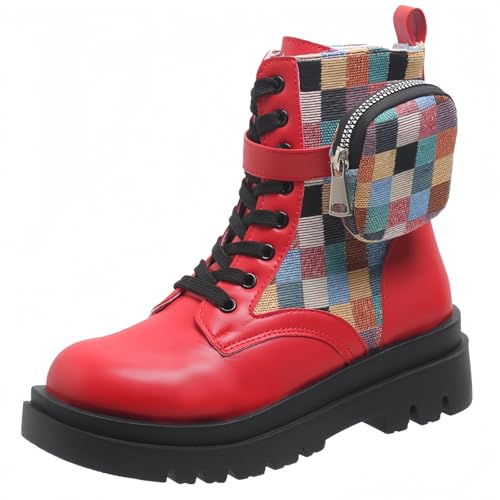 FQLGJMY Frauen Plattform Spitze-Up Kampfstiefel Runde geschlossene Zehe niedrigen Absatz Knöchel Kurze Stiefel mit Tasche Mid-Absatz Dicke Sohle Punk Motorrad Herbst Winter Stiefel von FQLGJMY