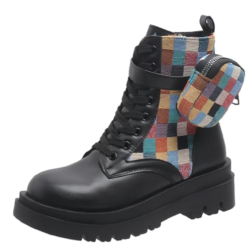FQLGJMY Frauen Plattform Spitze-Up Kampfstiefel Runde geschlossene Zehe niedrigen Absatz Knöchel Kurze Stiefel mit Tasche Mid-Absatz Dicke Sohle Punk Motorrad Herbst Winter Stiefel von FQLGJMY