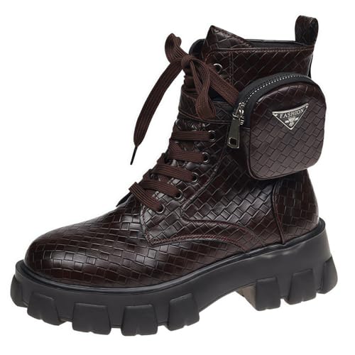 FQLGJMY Frauen Plattform Spitze-Up Kampfstiefel Runde geschlossene Zehe niedrigen Absatz Knöchel Kurze Stiefel mit Tasche Mid-Absatz Dicke Sohle Punk Motorrad Herbst Winter Stiefel von FQLGJMY