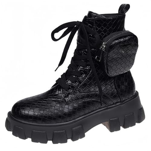 FQLGJMY Frauen Plattform Spitze-Up Kampfstiefel Runde geschlossene Zehe niedrigen Absatz Knöchel Kurze Stiefel mit Tasche Mid-Absatz Dicke Sohle Punk Motorrad Herbst Winter Stiefel von FQLGJMY