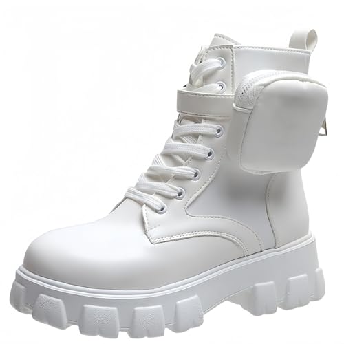 FQLGJMY Frauen Plattform Spitze-Up Kampfstiefel Runde geschlossene Zehe niedrigen Absatz Knöchel Kurze Stiefel mit Tasche Mid-Absatz Dicke Sohle Punk Motorrad Herbst Winter Stiefel von FQLGJMY