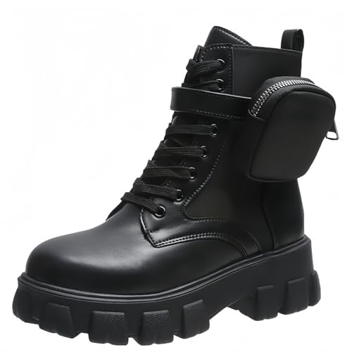 FQLGJMY Frauen Plattform Spitze-Up Kampfstiefel Runde geschlossene Zehe niedrigen Absatz Knöchel Kurze Stiefel mit Tasche Mid-Absatz Dicke Sohle Punk Motorrad Herbst Winter Stiefel von FQLGJMY