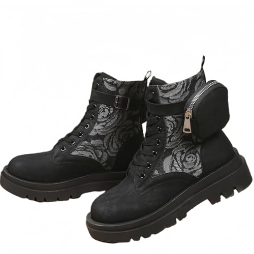 FQLGJMY Frauen Plattform Spitze-Up Kampfstiefel Runde geschlossene Zehe niedrigen Absatz Knöchel Kurze Stiefel mit Tasche Mid-Absatz Dicke Sohle Punk Motorrad Herbst Winter Stiefel von FQLGJMY