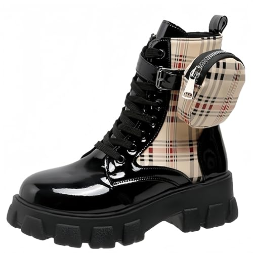 FQLGJMY Frauen Plattform Spitze-Up Kampfstiefel Runde geschlossene Zehe niedrigen Absatz Knöchel Kurze Stiefel mit Tasche Mid-Absatz Dicke Sohle Punk Motorrad Herbst Winter Stiefel von FQLGJMY