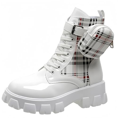 FQLGJMY Frauen Plattform Spitze-Up Kampfstiefel Runde geschlossene Zehe niedrigen Absatz Knöchel Kurze Stiefel mit Tasche Mid-Absatz Dicke Sohle Punk Motorrad Herbst Winter Stiefel von FQLGJMY