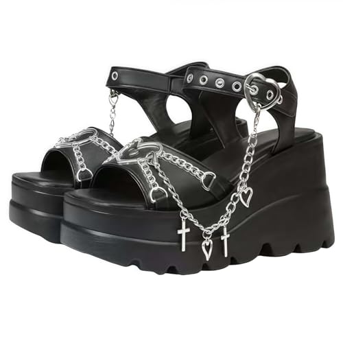 FQLGJMY Frauen Vegan Chunky Goth Schuhe Punk Stil Schuhe mit Schädel Sterne Kreuz Herz Kette Niet offene Zehe Rutschen auf Plattform Keil Rutsche Sandalen Sommer Punk Beach Slippers FQLGJMY Frauen Vegan Chunky Goth Schuhe Punk Stil Schuhe mit Schädel Sterne Kreuz Herz Kette Niet offene Zehe Rutschen auf Plattform Keil Rutsche Sandalen Sommer Punk Beach Slippers von FQLGJMY