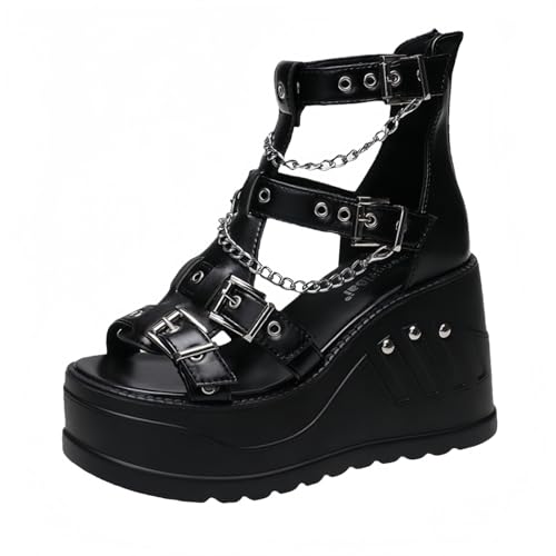 FQLGJMY Frauen Vegan Chunky Goth Schuhe Punk Stil Schuhe mit Schädel Sterne Kreuz Herz Kette Niet offene Zehe Rutschen auf Plattform Keil Rutsche Sandalen Sommer Punk Beach Slippers FQLGJMY Frauen Vegan Chunky Goth Schuhe Punk Stil Schuhe mit Schädel Sterne Kreuz Herz Kette Niet offene Zehe Rutschen auf Plattform Keil Rutsche Sandalen Sommer Punk Beach Slippers von FQLGJMY