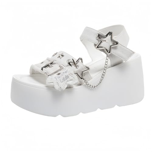 FQLGJMY Frauen Vegan Chunky Goth Schuhe Punk Stil Schuhe mit Schädel Sterne Kreuz Herz Kette Niet offene Zehe Rutschen auf Plattform Keil Rutsche Sandalen Sommer Punk Beach Slippers von FQLGJMY