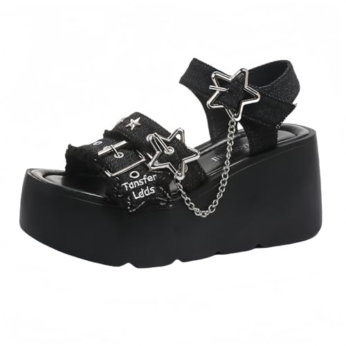 FQLGJMY Frauen Vegan Chunky Goth Schuhe Punk Stil Schuhe mit Schädel Sterne Kreuz Herz Kette Niet offene Zehe Rutschen auf Plattform Keil Rutsche Sandalen Sommer Punk Beach Slippers von FQLGJMY