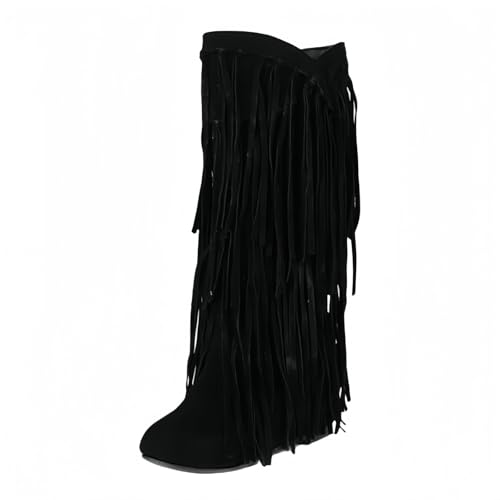 FQLGJMY Frauen Wildleder Fringe Stiefel Western Stil Tassel Reiten Cowgirl Stiefel ziehen auf Mitte Kalb Mode Stiefel für Herbst Winter von FQLGJMY