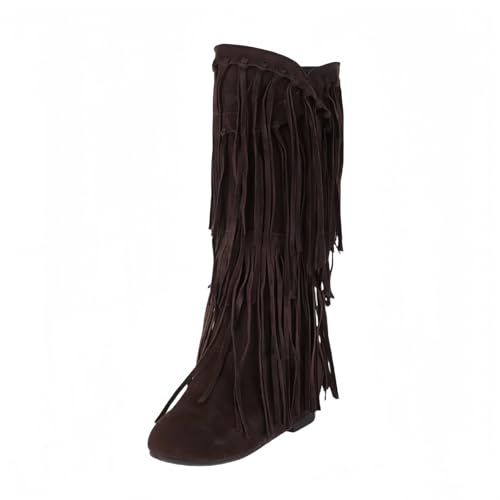 FQLGJMY Frauen Wildleder Fringe Stiefel Western Stil Tassel Reiten Cowgirl Stiefel ziehen auf Mitte Kalb Mode Stiefel für Herbst Winter von FQLGJMY