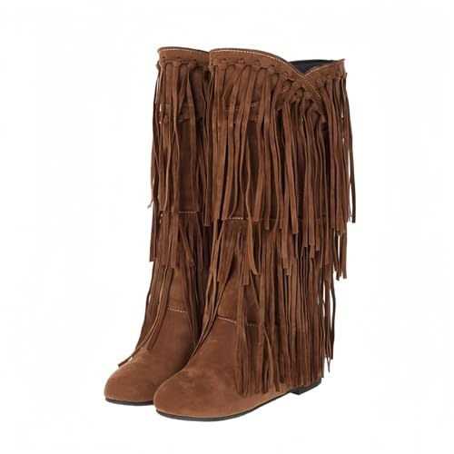 FQLGJMY Frauen Wildleder Fringe Stiefel Western Stil Tassel Reiten Cowgirl Stiefel ziehen auf Mitte Kalb Mode Stiefel für Herbst Winter von FQLGJMY