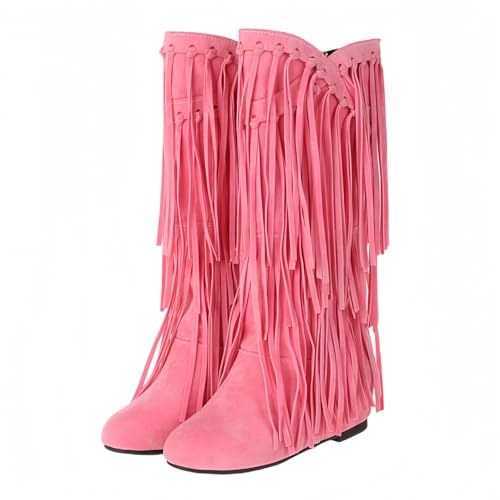 FQLGJMY Frauen Wildleder Fringe Stiefel Western Stil Tassel Reiten Cowgirl Stiefel ziehen auf Mitte Kalb Mode Stiefel für Herbst Winter von FQLGJMY