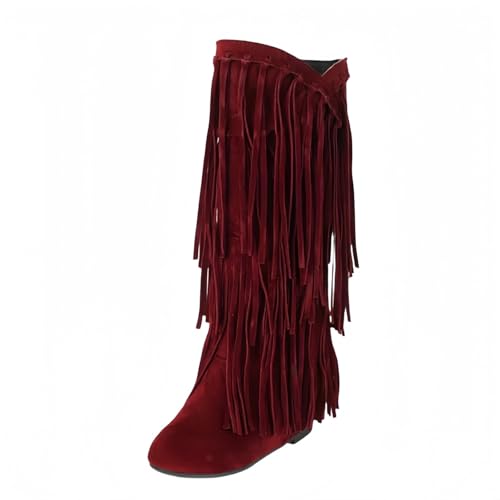 FQLGJMY Frauen Wildleder Fringe Stiefel Western Stil Tassel Reiten Cowgirl Stiefel ziehen auf Mitte Kalb Mode Stiefel für Herbst Winter von FQLGJMY