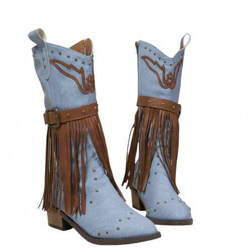 FQLGJMY Frauen Wildleder Fringe Stiefel Western Stil Tassel Reiten Cowgirl Stiefel ziehen auf Mitte Kalb Mode Stiefel für Herbst Winter von FQLGJMY