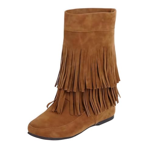 FQLGJMY Frauen Wildleder Fringe Stiefel Western Stil Tassel Reiten Cowgirl Stiefel ziehen auf Mitte Kalb Mode Stiefel für Herbst Winter von FQLGJMY