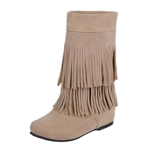 FQLGJMY Frauen Wildleder Fringe Stiefel Western Stil Tassel Reiten Cowgirl Stiefel ziehen auf Mitte Kalb Mode Stiefel für Herbst Winter von FQLGJMY