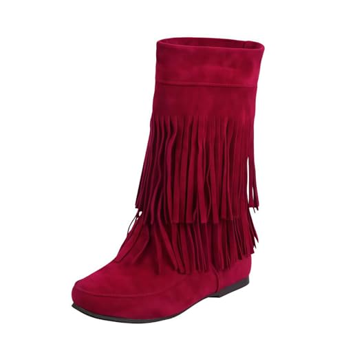 FQLGJMY Frauen Wildleder Fringe Stiefel Western Stil Tassel Reiten Cowgirl Stiefel ziehen auf Mitte Kalb Mode Stiefel für Herbst Winter von FQLGJMY