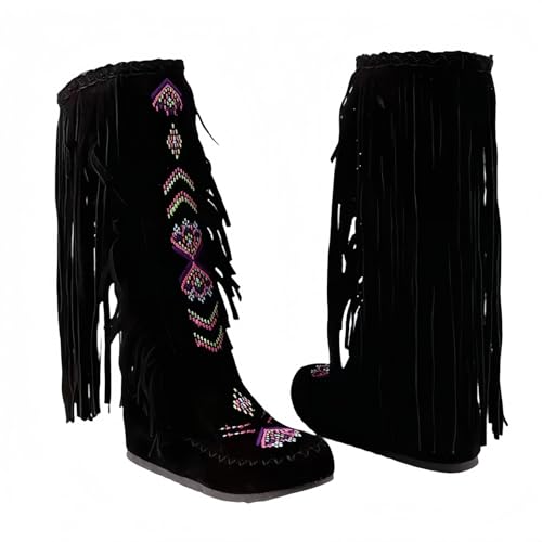 FQLGJMY Frauen Wildleder Fringe Stiefel Western Stil Tassel Reiten Cowgirl Stiefel ziehen auf Mitte Kalb Mode Stiefel für Herbst Winter von FQLGJMY