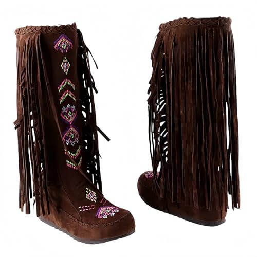 FQLGJMY Frauen Wildleder Fringe Stiefel Western Stil Tassel Reiten Cowgirl Stiefel ziehen auf Mitte Kalb Mode Stiefel für Herbst Winter von FQLGJMY