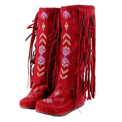 FQLGJMY Frauen Wildleder Fringe Stiefel Western Stil Tassel Reiten Cowgirl Stiefel ziehen auf Mitte Kalb Mode Stiefel für Herbst Winter von FQLGJMY
