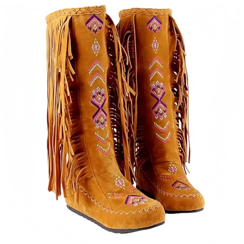FQLGJMY Frauen Wildleder Fringe Stiefel Western Stil Tassel Reiten Cowgirl Stiefel ziehen auf Mitte Kalb Mode Stiefel für Herbst Winter von FQLGJMY