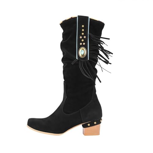 FQLGJMY Frauen Wildleder Fringe Stiefel Western Stil Tassel Reiten Cowgirl Stiefel ziehen auf Mitte Kalb Mode Stiefel für Herbst Winter von FQLGJMY