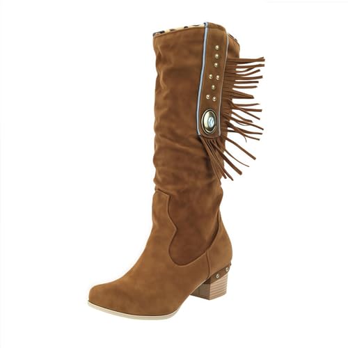 FQLGJMY Frauen Wildleder Fringe Stiefel Western Stil Tassel Reiten Cowgirl Stiefel ziehen auf Mitte Kalb Mode Stiefel für Herbst Winter von FQLGJMY