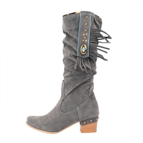FQLGJMY Frauen Wildleder Fringe Stiefel Western Stil Tassel Reiten Cowgirl Stiefel ziehen auf Mitte Kalb Mode Stiefel für Herbst Winter von FQLGJMY