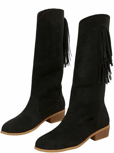 FQLGJMY Frauen Wildleder Fringe Stiefel Western Stil Tassel Reiten Cowgirl Stiefel ziehen auf Mitte Kalb Mode Stiefel für Herbst Winter von FQLGJMY