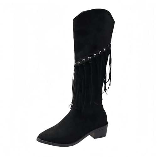 FQLGJMY Frauen Wildleder Fringe Stiefel Western Stil Tassel Reiten Cowgirl Stiefel ziehen auf Mitte Kalb Mode Stiefel für Herbst Winter von FQLGJMY