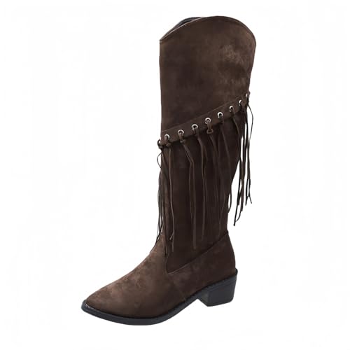 FQLGJMY Frauen Wildleder Fringe Stiefel Western Stil Tassel Reiten Cowgirl Stiefel ziehen auf Mitte Kalb Mode Stiefel für Herbst Winter von FQLGJMY