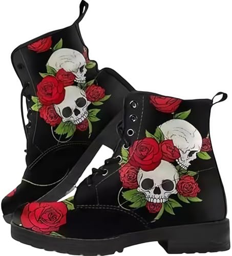 FQLGJMY Frauen gedruckt Kampf Kurze Stiefel mit Rose Schädel Cartoon Muster Mode Spitze-up Chunky Absatz Plattform Leder Knöchelstiefel Geschenke für Mädchen Damen Herbst und Winte Schuhe von FQLGJMY