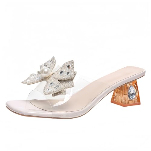 FQLGJMY Frauen klare Absätze Sandalen mit Bogen Perle Strass Dekoration Quadrat offene Zehe niedrigen Block Chunky Slip On Kleid Sandalen für Party Hochzeit FQLGJMY Frauen klare Absätze Sandalen mit Bogen Perle Strass Dekoration Quadrat offene Zehe niedrigen Block Chunky Slip On Kleid Sandalen für Party Hochzeit von FQLGJMY