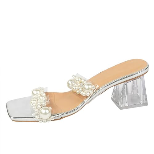 FQLGJMY Frauen klare Absätze Sandalen mit Bogen Perle Strass Dekoration Quadrat offene Zehe niedrigen Block Chunky Slip On Kleid Sandalen für Party Hochzeit FQLGJMY Frauen klare Absätze Sandalen mit Bogen Perle Strass Dekoration Quadrat offene Zehe niedrigen Block Chunky Slip On Kleid Sandalen für Party Hochzeit von FQLGJMY