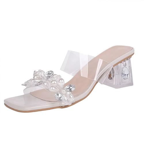 FQLGJMY Frauen klare Absätze Sandalen mit Bogen Perle Strass Dekoration Quadrat offene Zehe niedrigen Block Chunky Slip On Kleid Sandalen für Party Hochzeit von FQLGJMY