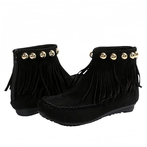 FQLGJMY Wildleder Tassel Knöchelstiefel für Frauen Klassische Vintage Runde Zehe versteckte Keil Absatz niedrigen Absatz Western Outdoor Kurze Stiefel mit Reißverschluss Herbst Winter Flats von FQLGJMY