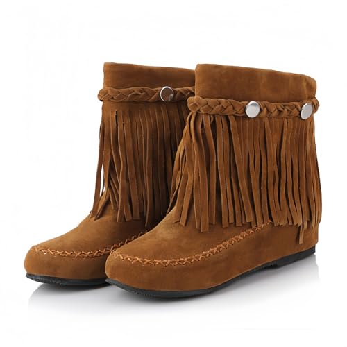 FQLGJMY Wildleder Tassel Knöchelstiefel für Frauen Klassische Vintage Runde Zehe versteckte Keil Absatz niedrigen Absatz Western Outdoor Kurze Stiefel mit Reißverschluss Herbst Winter Flats von FQLGJMY