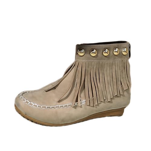 FQLGJMY Wildleder Tassel Knöchelstiefel für Frauen Klassische Vintage Runde Zehe versteckte Keil Absatz niedrigen Absatz Western Outdoor Kurze Stiefel mit Reißverschluss Herbst Winter Flats von FQLGJMY