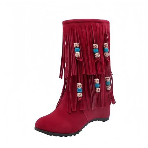 FQLGJMY Wildleder Tassel Knöchelstiefel für Frauen Klassische Vintage Runde Zehe versteckte Keil Absatz niedrigen Absatz Western Outdoor Kurze Stiefel mit Reißverschluss Herbst Winter Flats von FQLGJMY