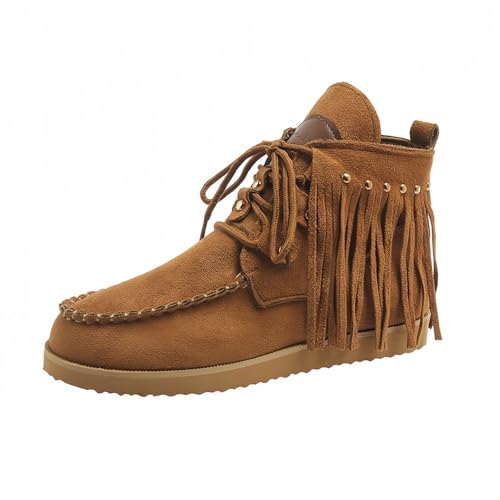 FQLGJMY Wildleder Tassel Knöchelstiefel für Frauen Klassische Vintage Runde Zehe versteckte Keil Absatz niedrigen Absatz Western Outdoor Kurze Stiefel mit Reißverschluss Herbst Winter Flats von FQLGJMY
