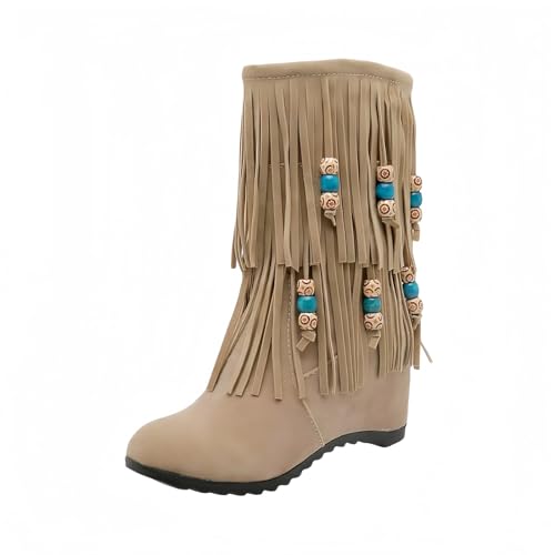 FQLGJMY Wildleder Tassel Knöchelstiefel für Frauen Klassische Vintage Runde Zehe versteckte Keil Absatz niedrigen Absatz Western Outdoor Kurze Stiefel mit Reißverschluss Herbst Winter Flats von FQLGJMY