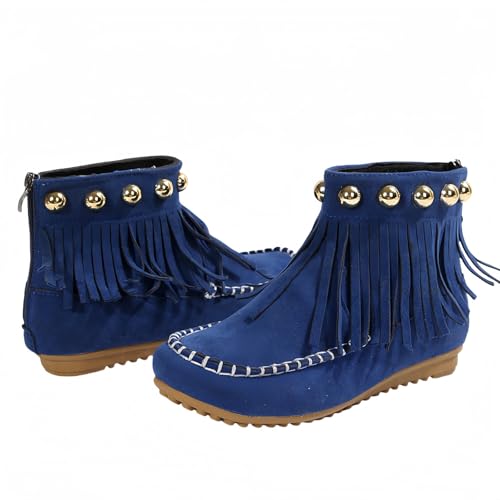 FQLGJMY Wildleder Tassel Knöchelstiefel für Frauen Klassische Vintage Runde Zehe versteckte Keil Absatz niedrigen Absatz Western Outdoor Kurze Stiefel mit Reißverschluss Herbst Winter Flats von FQLGJMY