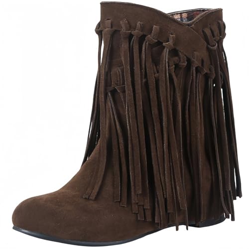 FQLGJMY Wildleder Tassel Knöchelstiefel für Frauen Klassische Vintage Runde Zehe versteckte Keil Absatz niedrigen Absatz Western Outdoor Kurze Stiefel mit Reißverschluss Herbst Winter Flats von FQLGJMY