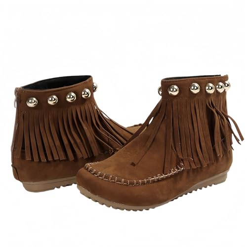 FQLGJMY Wildleder Tassel Knöchelstiefel für Frauen Klassische Vintage Runde Zehe versteckte Keil Absatz niedrigen Absatz Western Outdoor Kurze Stiefel mit Reißverschluss Herbst Winter Flats von FQLGJMY
