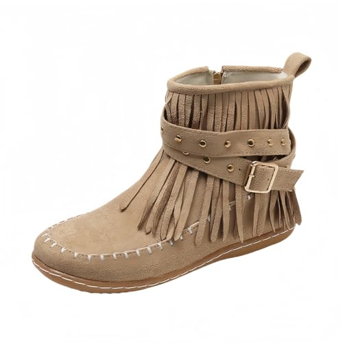 FQLGJMY Wildleder Tassel Knöchelstiefel für Frauen Klassische Vintage Runde Zehe versteckte Keil Absatz niedrigen Absatz Western Outdoor Kurze Stiefel mit Reißverschluss Herbst Winter Flats von FQLGJMY